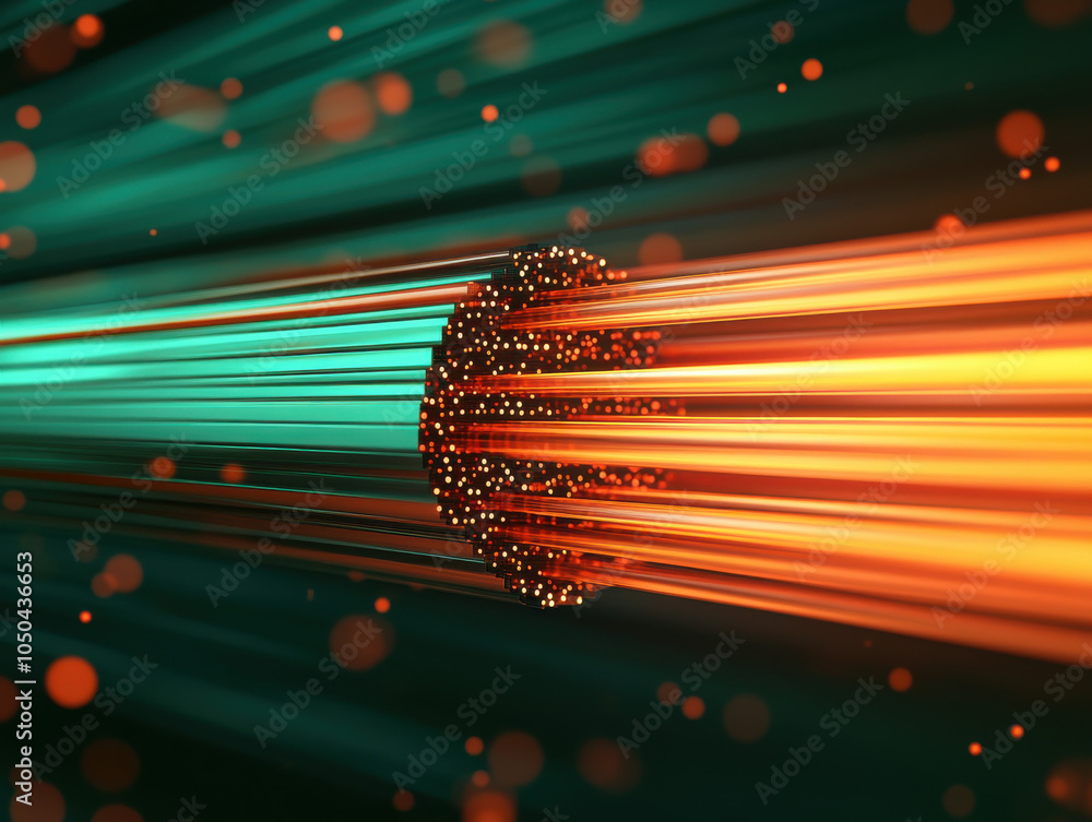 Aufkleber A vibrant abstract image showcasing dynamic motion with bright green and orange light beams converging around a central sphere.