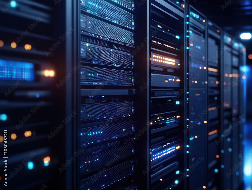 Fototapete a close-up view of illuminated server racks in a modern data center, showcasing the intricate wiring