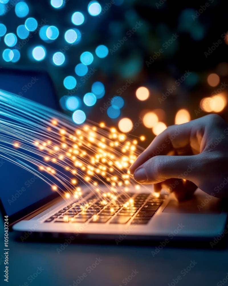 Poster A hand working on a laptop keyboard with glowing light trails, symbolizing digital connectivity and technology in a vibrant, colorful environment.