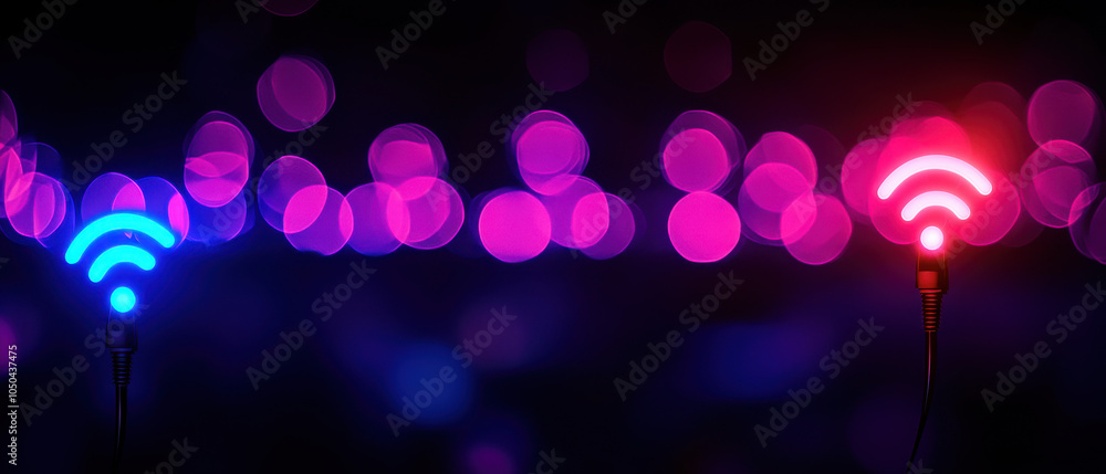 Poster colorful lights in blue and red form abstract wi-fi symbols against a blurred luminous background, c
