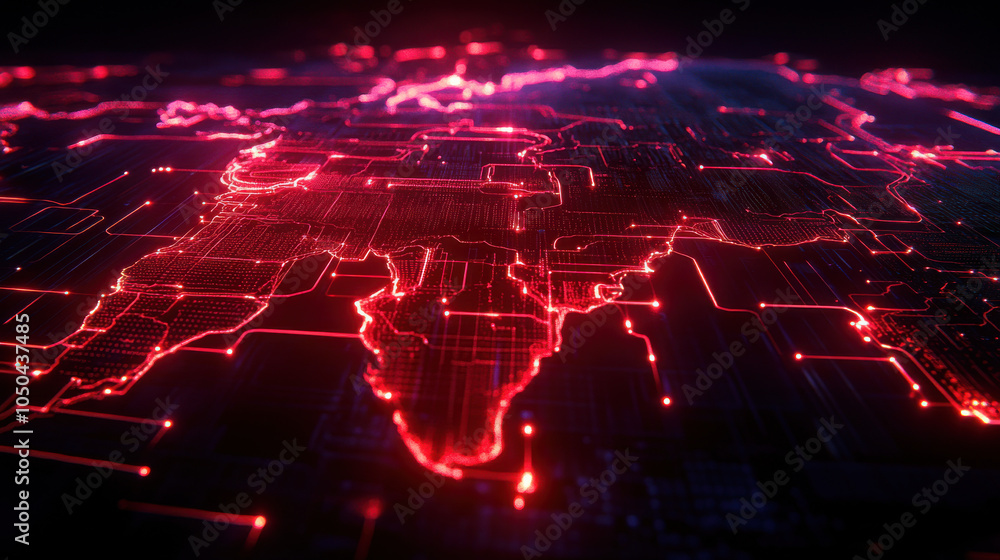 Fototapete a glowing digital map displays interconnected lines and nodes in vibrant red, representing global ne