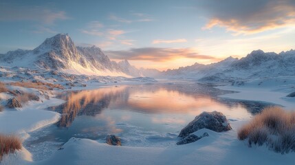 A serene, snow-capped mountain range reflected in a still lake at sunrise, with a backdrop of a colorful sky.
