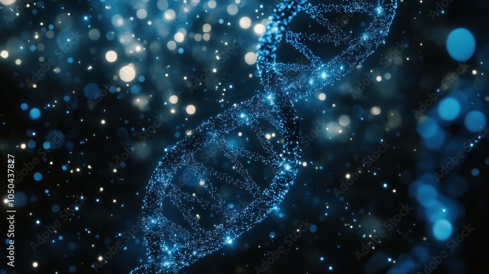 Poster a digital representation of a dna double helix against a sparkling background.