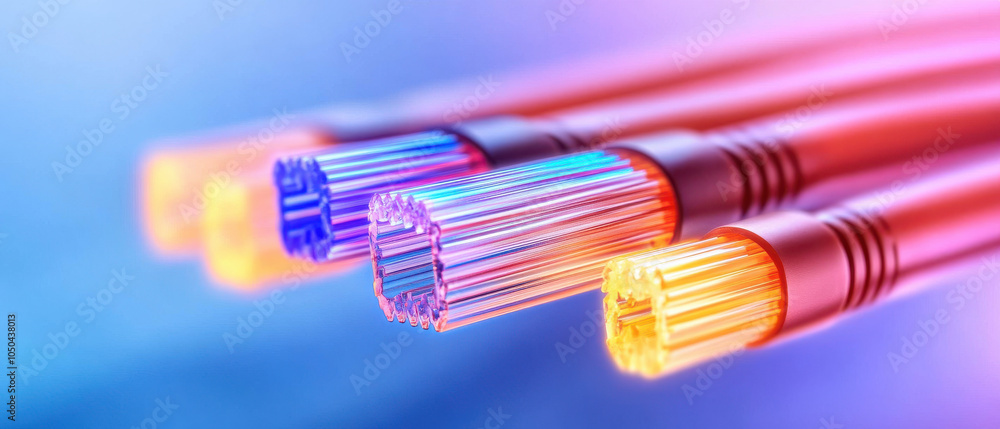 Poster colorful fiber optic cables glow against a soft gradient background, showcasing their intricate stru