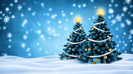 Obraz premium Cheerful Christmas trees adorned with golden stars and ribbons, surrounded by snowflakes and gifts, create festive winter wonderland atmosphere