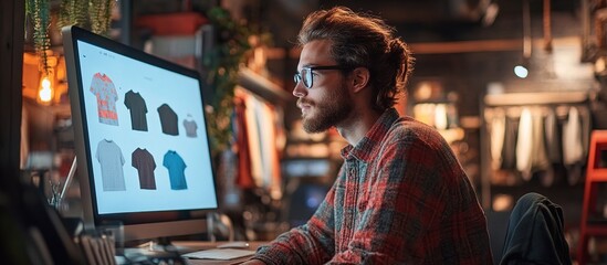 Fototapeta premium Man Reviewing Clothing Designs on a Computer Screen