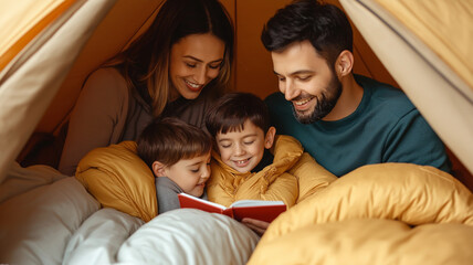 family enjoys cozy moment inside tent, sharing story together