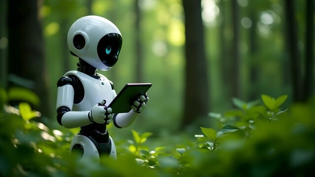 Exploring nature through technology, a robot interacts with a tablet surrounded by lush green forests.