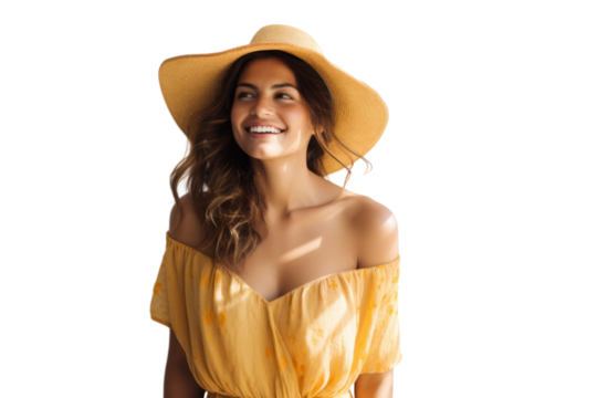 Smiling woman with sun-kissed skin wearing a flowy summer dress holding a wide-brimmed hat against a bright white background
