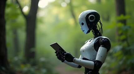 Exploring nature through technology, a robot interacts with a tablet surrounded by lush green forests.