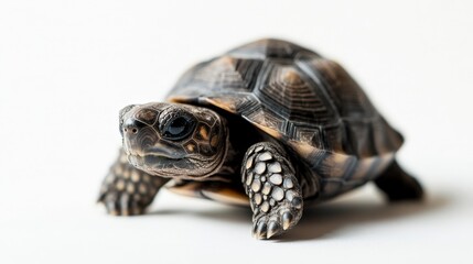Obraz premium A tiny tortoise slowly making its way forward, isolated on a white background