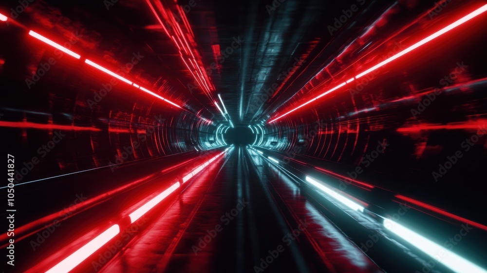 Poster a futuristic tunnel with vibrant red and blue lights creating a sense of speed and motion.