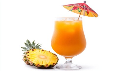 A tropical mai tai cocktail with pineapple, orange juice, and rum, served with a cocktail umbrella, isolated on a white background