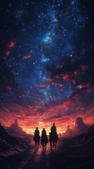 Fototapeta premium Three riders silhouetted against a star-filled desert sky