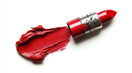 A vibrant red lipstick in an open tube, with the lipstick bullet visible, isolated on a white background