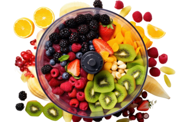 Top view of a blender filled with a colorful mix of fruits and vegetables isolated on white background