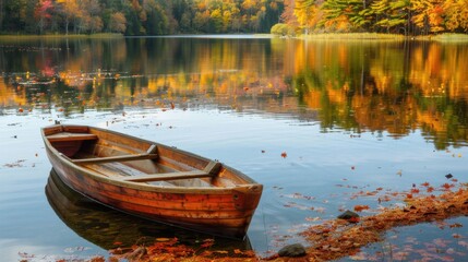 Obraz premium A picturesque lake with a classic wooden rowboat floating gently on the calm waters surrounded by autumn foliage, peaceful setting with rich seasonal colors, Lake style