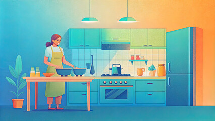 Fototapeta premium food home cooking with a woman figure cooking food, website banner, social media banner, no letters, no text, Vector illustration