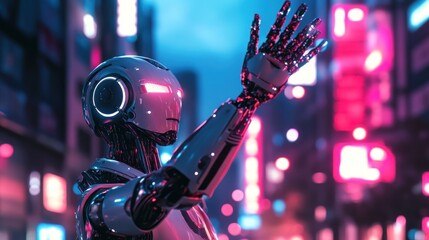 Fototapeta premium A futuristic robot with a glowing design waves in a vibrant cityscape at night.