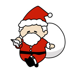 袋を持って歩いている小柄なサンタクロース