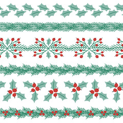 Christmas hand-drawn simple seamless borders with leaves and berries. Simple vector set.