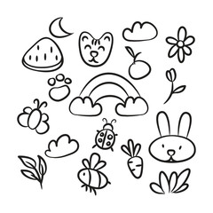 doodle drawing of rainbows, animals, insects and fruit.