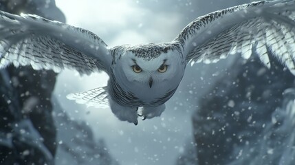 Snowy owl in flight through winter landscape with snowflakes