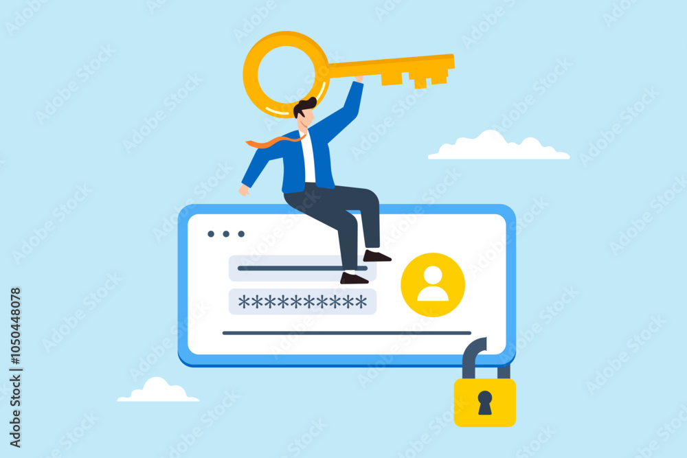 Aufkleber flat illustration of businessman hold key sit on user account login strong padlock secure online aut