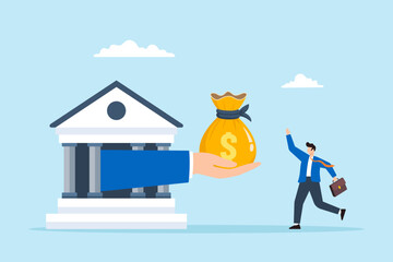 Flat illustration of businessman owner receive loan money from bank personal entrepreneur small business lending debt support