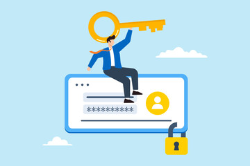 Flat illustration of businessman hold key sit on user account login strong padlock secure online authentication cybersecurity high protection safety data privacy