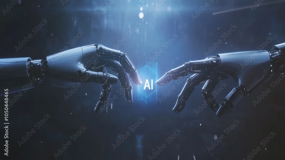 Poster a visual representation of artificial intelligence, featuring robotic hands reaching towards 