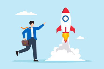 Flat illustration of businessman launch rocket alone independence entrepreneurship solo entrepreneur starting new business owner founder