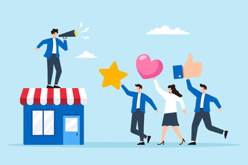 Flat illustration of store owner with megaphone speaks to loyal customers positive feedback brand engagement increase sale marketing strategy