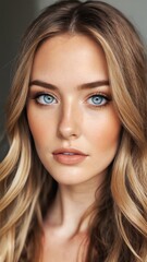 Naklejka premium Captivating beauty with striking blue eyes and flowing blonde hair exuding natural elegance indoors