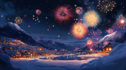 A vibrant cartoon scene of fireworks lighting up the night sky over a snow-covered city, with...