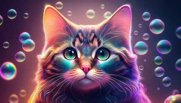 Cute cartoon kitten with soap bubbles