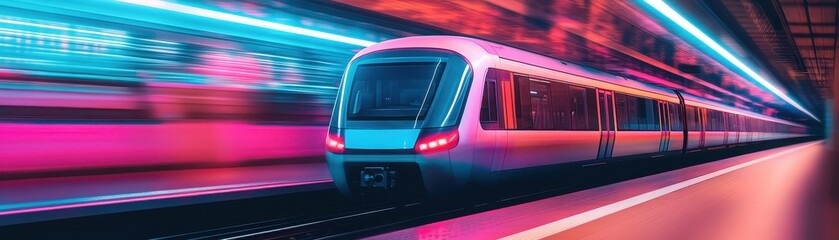 Obraz premium A modern train speeds through a vibrant, illuminated tunnel, showcasing dynamic lights and a futuristic aesthetic.