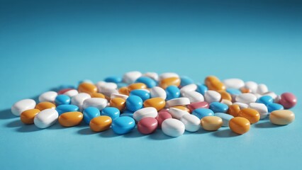 Colorful pills and capsules scattered on a bright blue surface in a vibrant display