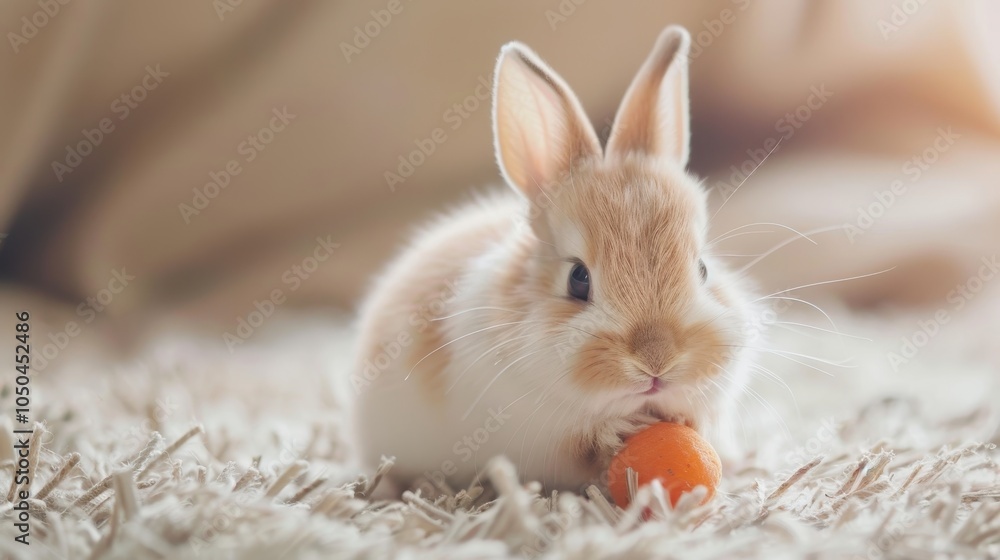 Poster fluffy rabbit smiling and playing with a carrot