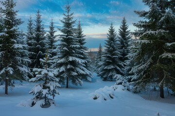 Tranquil Winter Wonderland: Serene Snowy Forest Landscape Evergreen Trees Clear Blue Sky Holiday Marketing Seasonal Promotions