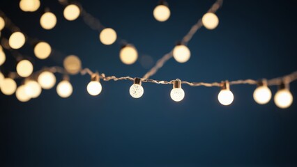 Twinkling string lights basking in the evening glow at a festive outdoor gathering