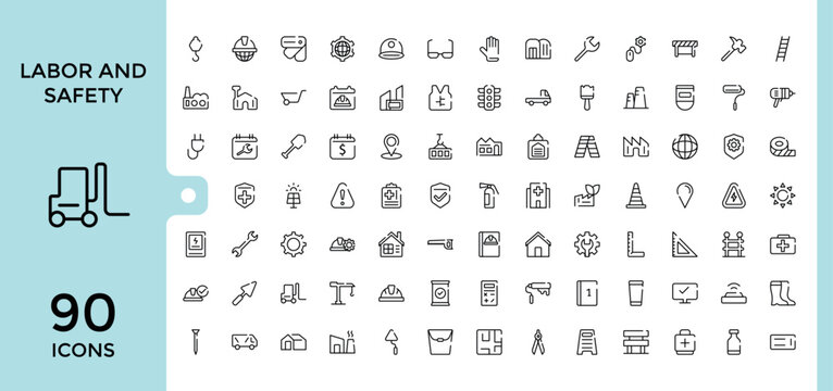 Labor And Safety thin line icon set. Containing care, secure, insurance, supply, builder, rights and more. Pixel perfect. Vector illustration.