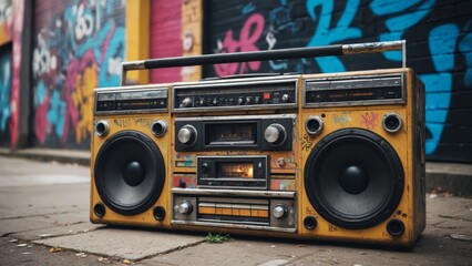 A vibrant retro boombox rests on the pavement surrounded by colorful street art in an urban alleyway