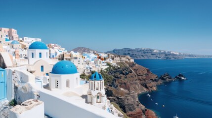 A picturesque view of Santorini��s cliffside villages with white-washed buildings and blue-domed churches against the backdrop of a deep blue sea, island setting with classic elegance, Elegant style