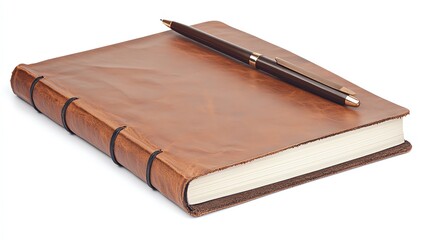Brown leather notebook and pen on a white isolated background.