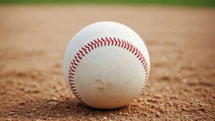 A close-up view of a baseball resting on the sandy infield during a sunny afternoon practice session
