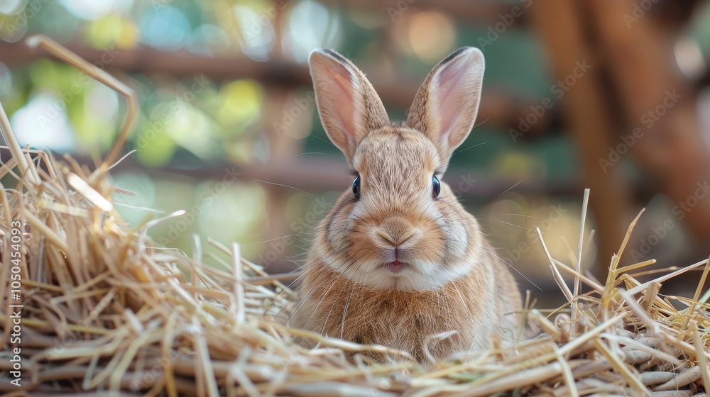 Poster fluffy rabbit smiling while playing in a cozy nest