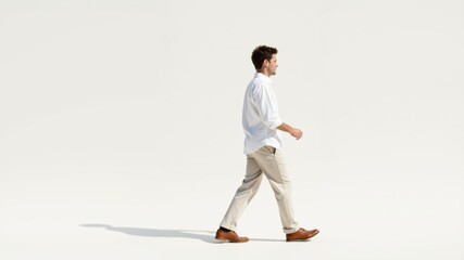 A man walks confidently across a minimalist space showcasing style and poise in natural light