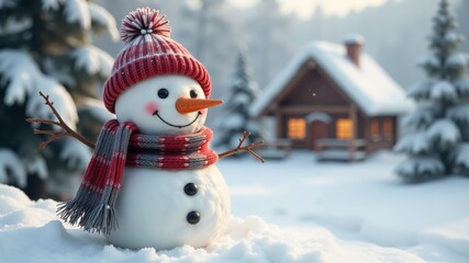 Charming snowman smiles cheerfully in a winter wonderland near a cozy cabin at dusk