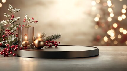 Elegant podium with holly leaves, red and gold lights, subtle candle glow, warm Christmas charm